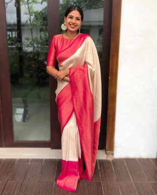 CENTURY CREATION Woven Kanjivaram Art Silk, Pure Silk Saree(White)
