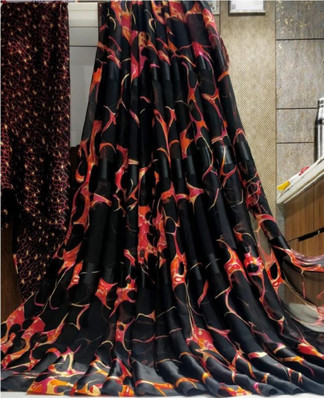 Bombey Velvat Fab Floral Print Jamdani Chiffon, Georgette Saree(Black)