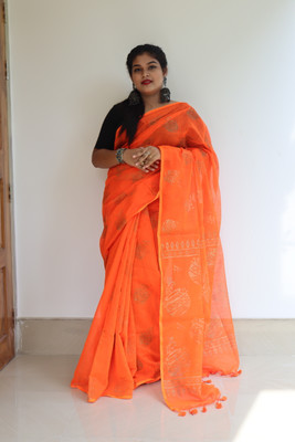 BRYNBRIT Digital Print, Printed Chanderi Cotton Silk Saree(Orange)