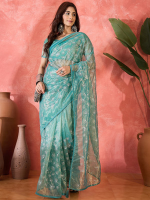 Sangria Embroidered Saree with Attached Blouse Net Saree(Light Green)