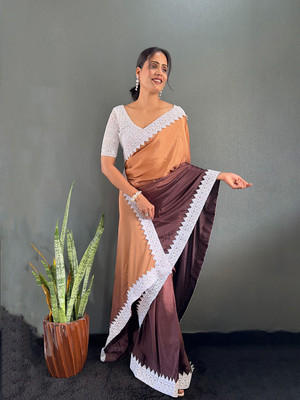 ANOUK Dyed Saree with Attached Blouse Chiffon Saree(Brown)