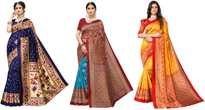 YASHIKA Printed, Woven Kalamkari Art Silk Saree(Pack of 3, Dark Blue, Blue, Red, Yellow)