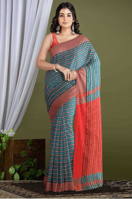 BiswasTextiles Self Design Handloom Cotton Blend Saree(Blue)