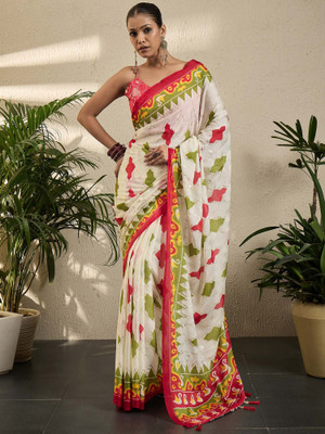Divastri Floral Print Pochampally Georgette Saree(Cream)