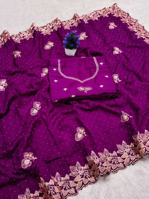 STITCH N SOLUS Embroidered Daily Wear Georgette, Chiffon Saree(Purple)