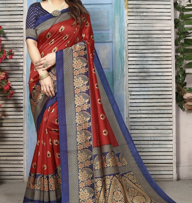Grubstaker Printed Daily Wear Cotton Blend Saree(Red)