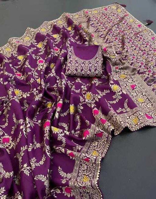 Dhyey Fashion Floral Print Banarasi Art Silk Saree(Purple)