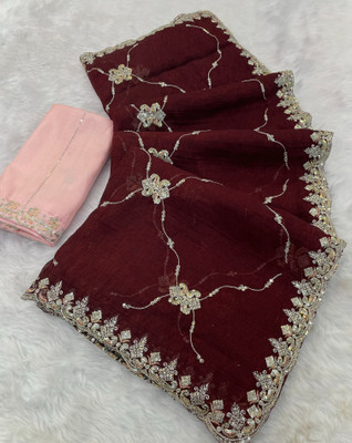 Tradivibe Embroidered Bollywood Chiffon Saree(Maroon)