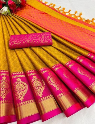 MAHADEV ENTERPRISE Self Design, Woven, Applique Banarasi Silk Blend, Cotton Linen Saree(Multicolor)