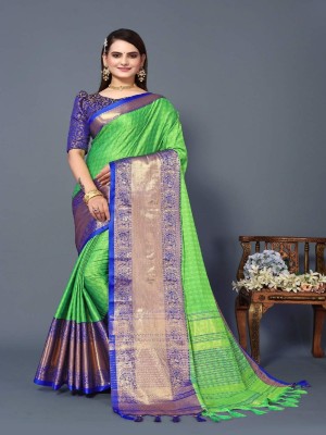 Apnisha Self Design Banarasi Cotton Silk Saree(Light Green)