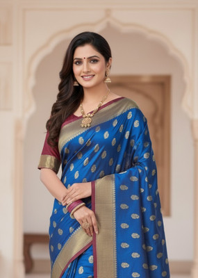 Anugrah Textile Embroidered Banarasi Lycra Blend, Chiffon Saree(Blue, Maroon)