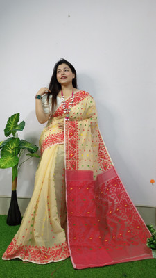 Revival Woven Jamdani Cotton Blend Saree(Cream, Red)
