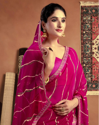 Satrani Striped, Printed Leheria Lace, Georgette Saree(Magenta)