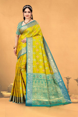 NTC Woven, Self Design Patola Jacquard Saree(Yellow)