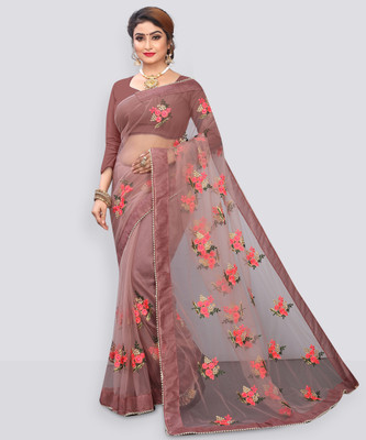 DWINIZAA STORE Embroidered Bollywood Net Saree(Brown)