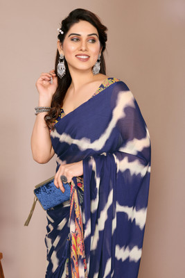 MIRCHI FASHION Printed, Striped Leheria Chiffon, Georgette Saree(Dark Blue, Cream, Multicolor)