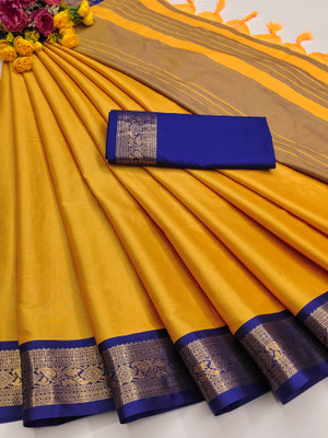 Fashion Club Collection Solid/Plain, Woven, Floral Print Bollywood Cotton Silk Saree(Gold, Blue)