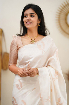kriyafashion Printed Bollywood Silk Blend Saree(White)