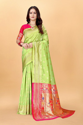 DHAYNAAND REEWA FASHION Woven Kanjivaram Tussar Silk Saree(Light Green)