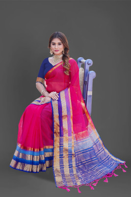 Aarunika SST Solid/Plain Bollywood Organza Saree(Pink, Blue)