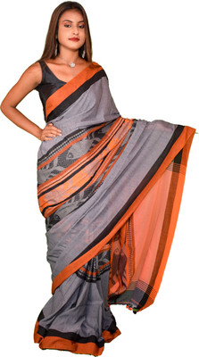sdn Blocked Printed Tant Handloom Pure Cotton Saree(Grey)