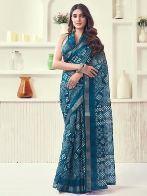 sareezaatrendz Printed Daily Wear Cotton Linen Saree(Light Blue)