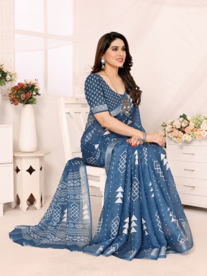 HITESH ENTERPRISE Floral Print Bollywood Cotton Linen Saree(Light Blue)