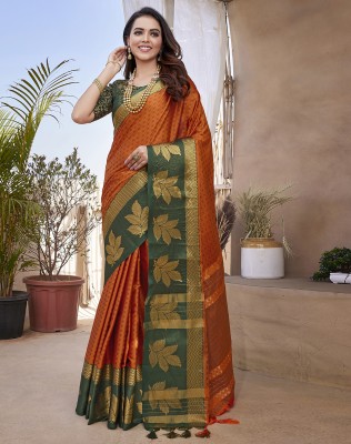 SIRIL Woven Banarasi Cotton Silk, Jacquard Saree(Orange, Green, Gold)