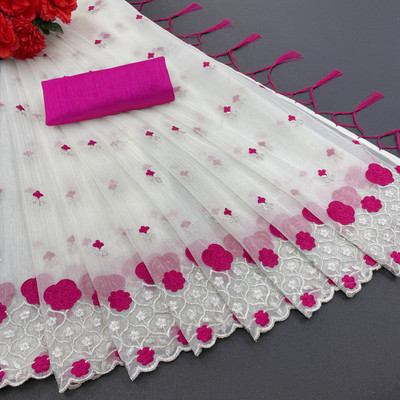 TIRTH CREATION Embroidered Bollywood Supernet Saree(White)