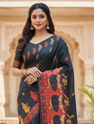 Anugrah Textile Printed Banarasi Lycra Blend, Chiffon Saree(Black, Maroon)