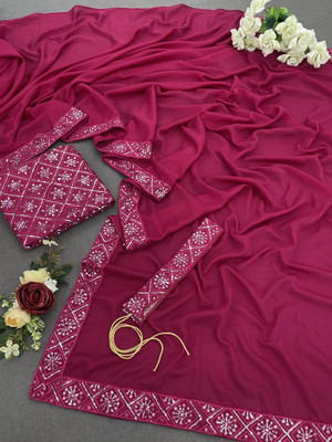 Pionex Solid/Plain, Embroidered Bollywood Chiffon, Silk Blend Saree(Pink)