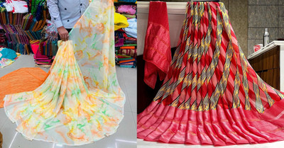 HouseOfCommon Self Design Bollywood Georgette Saree(Pack of 2, Orange)