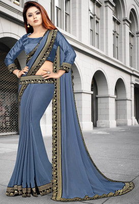 HNC Retail Temple Border, Solid/Plain Bollywood Lycra Blend, Chiffon Saree(Grey)