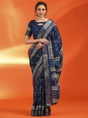 Anouk Rustic Printed Chinnalapattu Silk Blend Saree(Dark Blue)