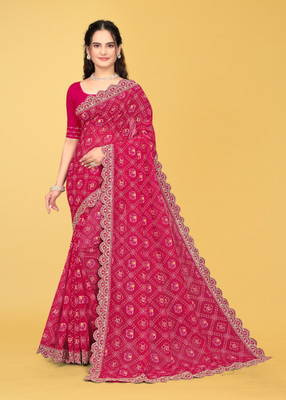 MAN PRIYA TRENDZ Animal Print Bandhani Georgette Saree(Pink)