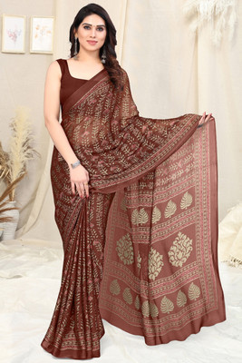 MIRCHI FASHION Printed, Blocked Printed Hand Batik Chiffon, Georgette Saree(Maroon, Beige)