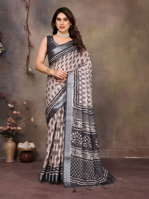 CHHABILAENTERPRISE Printed Bollywood Cotton Linen Saree(Cream)