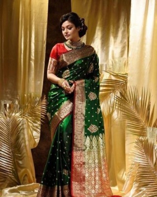 OceanSaree Embroidered Banarasi Satin Saree(Dark Green)