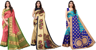 ANIRAV Printed, Woven Kalamkari Art Silk Saree(Pack of 3, Pink, Gold, Blue)