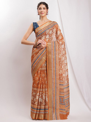 Janasya Geometric Print Bollywood Cotton Linen Saree(Brown)