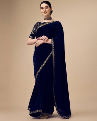 SNH EXPORT Self Design Bollywood Velvet Saree(Dark Blue)