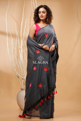 SLAGHA Embroidered Handloom Cotton Blend Saree(Grey)
