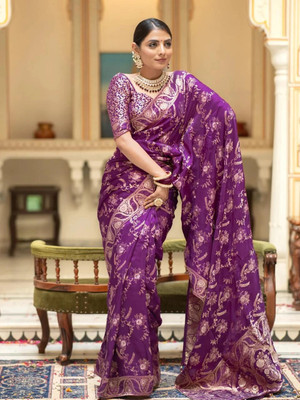 HouseOfCommon Striped Banarasi Pure Silk Saree(Purple)