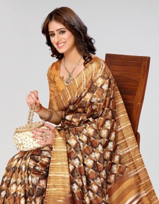 ANIRAV Printed, Woven Bollywood Linen Saree(Brown)