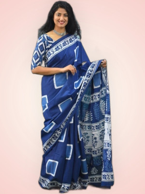 baratheon Printed Bollywood Cotton Blend Saree(Blue)