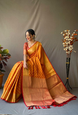 JIADIA Woven Kanjivaram Pure Silk Saree(Mustard)