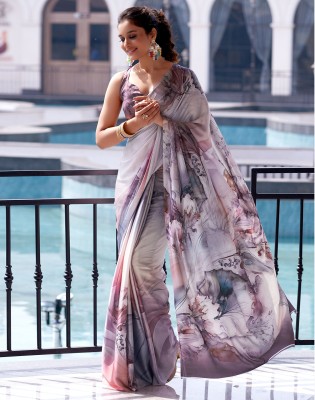 Satrani Digital Print, Printed Bollywood Satin Saree(Purple, Cream)