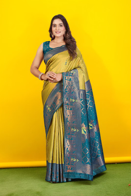 BAL KRISHNA SAREE Floral Print Banarasi Art Silk Saree(Yellow)