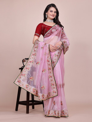 Westux Embroidered Baluchari Organza Saree(Pink)
