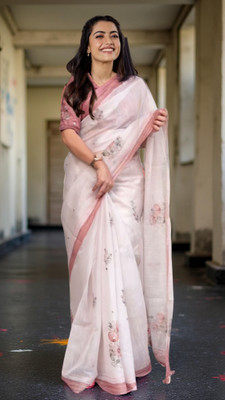 Myraani Floral Print Kantha Cotton Linen Saree(Multicolor)